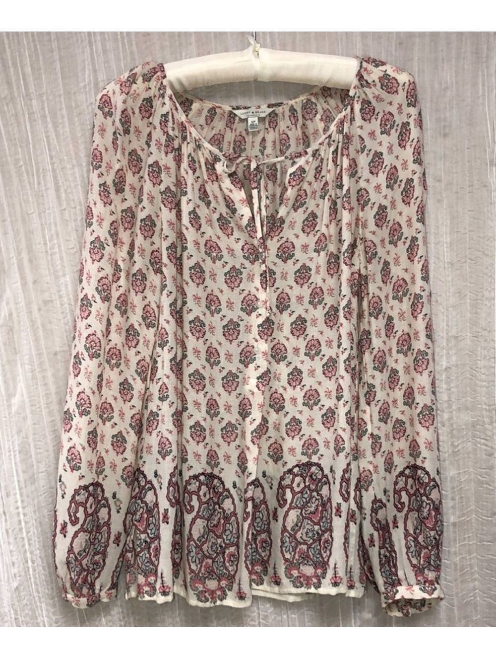 Lucky Brand S Pink Ivory Green Floral Paisley Boho Long Sleeve Tie Front Blouse